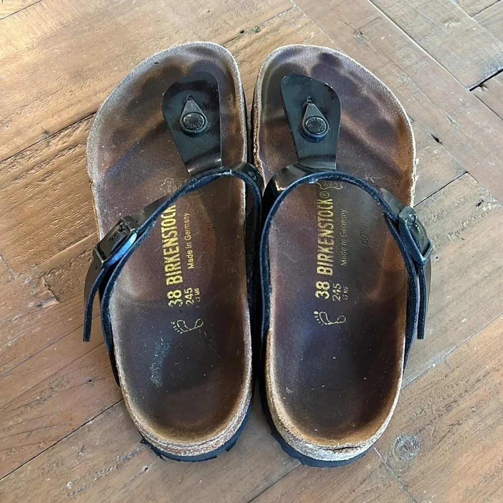 Birkenstock Gizeh Black Patent Leather Cork Sandals Thongs EU 38 US 7
